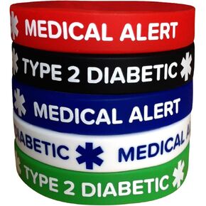 Type 2 Diabetes Medical Alert Silicone Bracelets – 5 Pack Adult Diabetic Wristbands for Men & Women, 7.8" in Kuwait