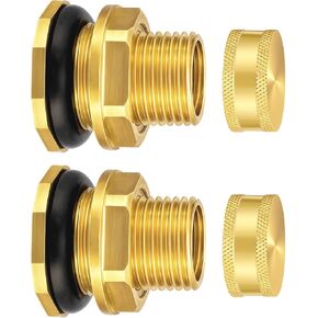 2 Pack Brass Bulkhead Fitting with Plug Double-Threaded 1/2 NPT to 3/4 GHT Tank Adapter for Water Tanks, Rain Barrels, Garden Hoses Corrosion Resistant, Easy to Install in Kuwait
