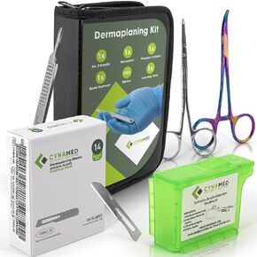 Dermaplaning Kit 5PC – 100 Replacement Blades 10R, Premium Blade Remover, Precision Scissors, Hemostats, No.3 Handle & Carrying Case – Professional Exfoliation Tools for Skincare Treatments in Kuwait