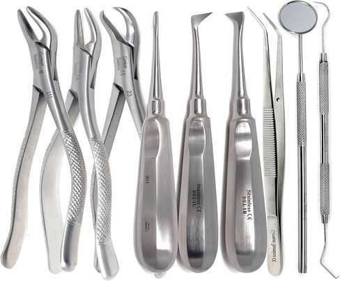 A2Z 9 Pcs Dental Oral Care Instruments Set Includes Extracting Forceps Surgical Root Elevators Mouth Mirror Tweezers Micro Probe Made of Stainless Steel for Optimal Durability in Saudi Arabia
