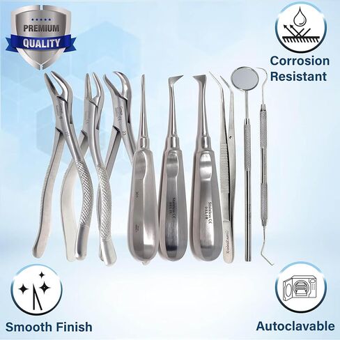 A2Z 9 Pcs Dental Oral Care Instruments Set Includes Extracting Forceps Surgical Root Elevators Mouth Mirror Tweezers Micro Probe Made of Stainless Steel for Optimal Durability in Saudi Arabia