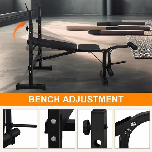 Adjustable Weight Bench Press Set with Squat Rack - 330 lbs Capacity - Collapsible Multifunctional Home Gym Bench - Preacher Wave Pad, Leg Developer, 5-Level Barbell Stand - For Full Body Strength Training in Kuwait