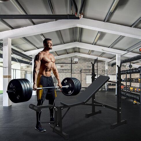 Adjustable Weight Bench Press Set with Squat Rack - 330 lbs Capacity - Collapsible Multifunctional Home Gym Bench - Preacher Wave Pad, Leg Developer, 5-Level Barbell Stand - For Full Body Strength Training in Kuwait