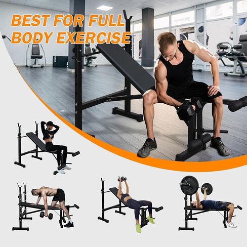 Adjustable Weight Bench Press Set with Squat Rack - 330 lbs Capacity - Collapsible Multifunctional Home Gym Bench - Preacher Wave Pad, Leg Developer, 5-Level Barbell Stand - For Full Body Strength Training in Kuwait