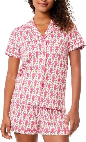 Womens Y2k Pajamas Set 2 Piece Button Down Monkey Shorts Set Roller Dupes Rabbit Preppy Loungewear Pjs Pink in Saudi Arabia