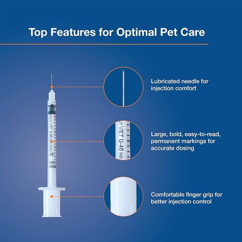 U-40 Pet Insulin Syringes, 29G x 1/2" 1/2cc, Comfortable Injection, Bold Permanent Markings for Accurate Dosage, Disposable, Box of 100 in Kuwait