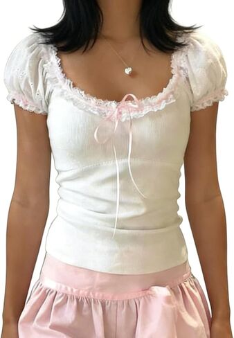 Women Fairy Lace Trim Crop Top Short Sleeve Square Neck Slim Fit Baby Tee Y2K Vintage T-Shirt Coquette Streetwear in Kuwait