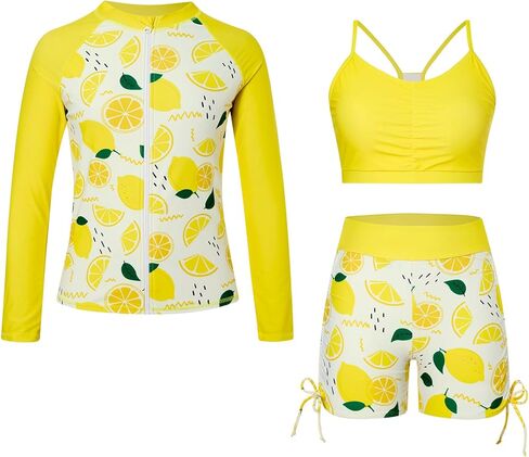 Funnycokid Girls Swimsuit 3 Pieces Zip Rash Guard Bathing Suits Set Kids Bikini Boyshort Summer Swimwear 3-14 Years in Kuwait