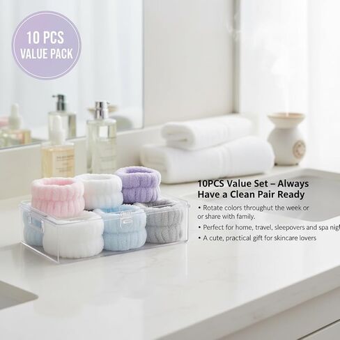 10 قطع من أربطة المعصم المصنوعة من الألياف الدقيقة لغسل الوجه، أساور معصم ناعمة ماصة للمنتجعات الصحية تحافظ على الماء بعيدًا عن الذراعين، ملحقات تنظيف البشرة وإزالة المكياج، متعددة الألوان in Kuwait