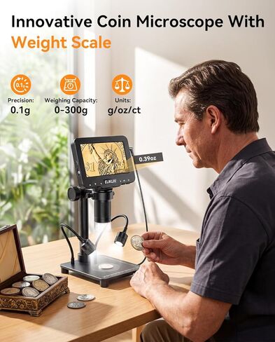 Elikliv Microscope with Weighing Scale, Digital Magnifier for Error Coins, Jewelry Magnifying Glass with Lights, 4.3" LCD Screen 12MP Camera 1080P Video USB PC View for Adults Collectors Supplies in Kuwait