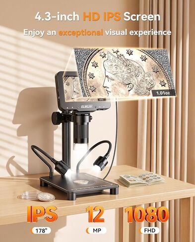 Elikliv Microscope with Weighing Scale, Digital Magnifier for Error Coins, Jewelry Magnifying Glass with Lights, 4.3" LCD Screen 12MP Camera 1080P Video USB PC View for Adults Collectors Supplies in Kuwait