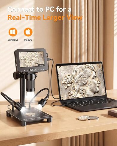 Elikliv Microscope with Weighing Scale, Digital Magnifier for Error Coins, Jewelry Magnifying Glass with Lights, 4.3" LCD Screen 12MP Camera 1080P Video USB PC View for Adults Collectors Supplies in Kuwait
