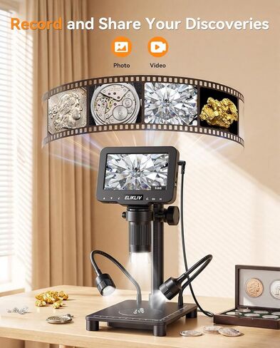 Elikliv Microscope with Weighing Scale, Digital Magnifier for Error Coins, Jewelry Magnifying Glass with Lights, 4.3" LCD Screen 12MP Camera 1080P Video USB PC View for Adults Collectors Supplies in Kuwait