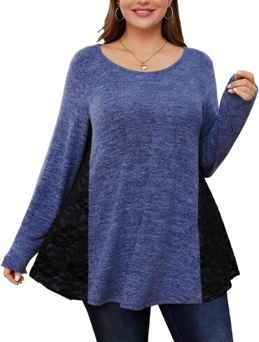 MONNURO Womens Plus Size Tops Long Sleeve Fall Tunic Casual Loose Lace Patchwork Shirts(C-HeatherBlack,1X) in Kuwait