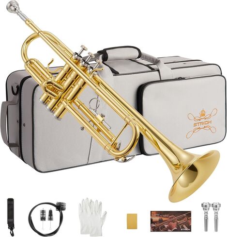 مجموعة بوق قياسية Bb للمبتدئين، أداة بوق نحاسية للطلاب مع حقيبة صلبة، مجموعة تنظيف، قطع فم 7C و3C، وقفازات - STR-1G، ذهبي in Kuwait