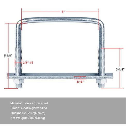 4 Pcs 6 Inch Wide Square U-Bolt for Trailer, 3/8" x 6" x 5-1/8", Electro-Galvanized Steel in Saudi Arabia
