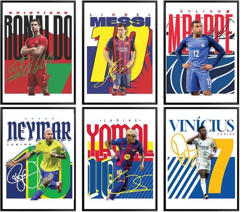 مجموعة لوحات فنية جدارية لكرة القدم من TinyMollo، 6 مطبوعات أساطير رياضية غير مؤطرة مقاس 8 × 10 مع ميسي ورونالدو ونيمار ومبابي لغرفة الأولاد، وديكور غرفة نوم الأطفال in Kuwait