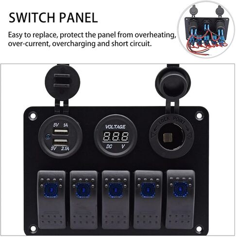 Veemoon Combination Rocker Switch Panel 5-Gang 12v 24v with Dual USB 3.1a Charger for Boat Rv Yacht Electrical Control and Modification in Saudi Arabia