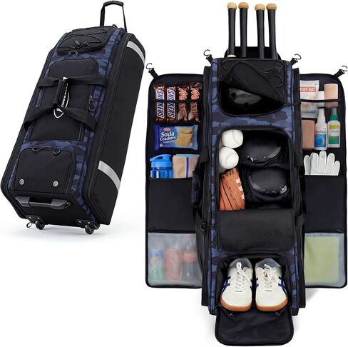 Fanwoli 100L Rolling Catchers Gear Bag for Baseball Softball, Tactical Strike Edition, Fits Full Set & 8 Bats, All-Terrain Wheels, Stand-Up Base, Vented Shoe Zone, Reflective Strip, Fence Hooks in Saudi Arabia