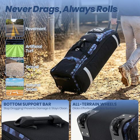 Fanwoli 100L Rolling Catchers Gear Bag for Baseball Softball, Tactical Strike Edition, Fits Full Set & 8 Bats, All-Terrain Wheels, Stand-Up Base, Vented Shoe Zone, Reflective Strip, Fence Hooks in Saudi Arabia