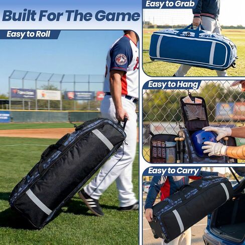 Fanwoli 100L Rolling Catchers Gear Bag for Baseball Softball, Tactical Strike Edition, Fits Full Set & 8 Bats, All-Terrain Wheels, Stand-Up Base, Vented Shoe Zone, Reflective Strip, Fence Hooks in Saudi Arabia