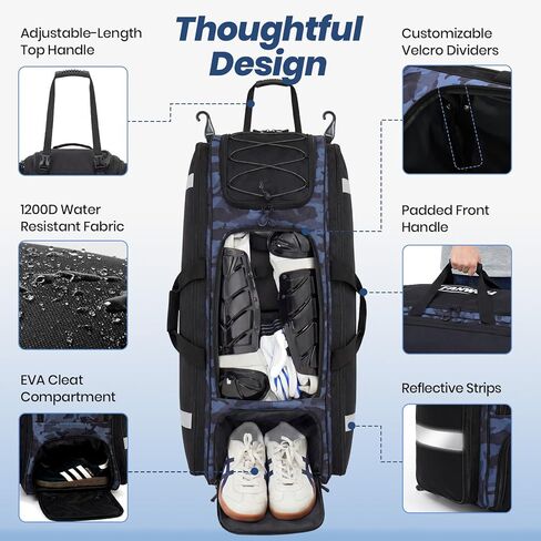 Fanwoli 100L Rolling Catchers Gear Bag for Baseball Softball, Tactical Strike Edition, Fits Full Set & 8 Bats, All-Terrain Wheels, Stand-Up Base, Vented Shoe Zone, Reflective Strip, Fence Hooks in Saudi Arabia