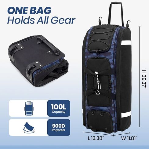 Fanwoli 100L Rolling Catchers Gear Bag for Baseball Softball, Tactical Strike Edition, Fits Full Set & 8 Bats, All-Terrain Wheels, Stand-Up Base, Vented Shoe Zone, Reflective Strip, Fence Hooks in Saudi Arabia
