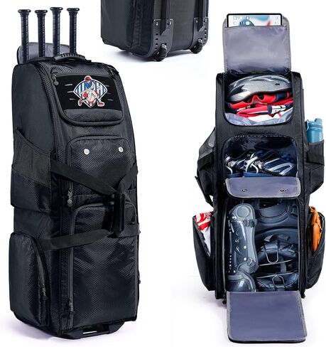 Rolling Baseball Bat Bag with Wheels, Large Capacity Gear Bag Holds 4 Bats, Reinforced Hard Base & Structured Back Panel, Top & Bottom Grab Handles, Shoe & Helmet Compartments for Youth &Adult Players in Kuwait