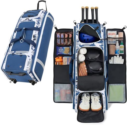 Fanwoli 100L Rolling Catchers Gear Bag for Baseball Softball, Tactical Strike Edition, Fits Full Set & 8 Bats, All-Terrain Wheels, Stand-Up Base, Vented Shoe Zone, Reflective Strip, Fence Hooks in Kuwait