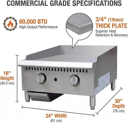 24" Commercial Griddle - Natural Gas/Propane Flat Top Grill, 60,000 BTU Countertop Hot Plate with Thermostatic Control & 3/4" Thick Plate, Heavy Duty Stainless Steel, ETL Listed in Saudi Arabia