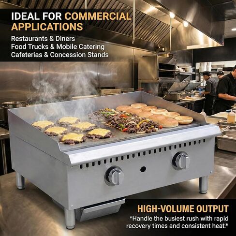 24" Commercial Griddle - Natural Gas/Propane Flat Top Grill, 60,000 BTU Countertop Hot Plate with Thermostatic Control & 3/4" Thick Plate, Heavy Duty Stainless Steel, ETL Listed in Saudi Arabia