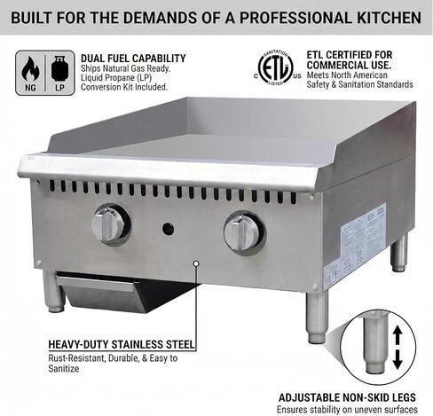 24" Commercial Griddle - Natural Gas/Propane Flat Top Grill, 60,000 BTU Countertop Hot Plate with Thermostatic Control & 3/4" Thick Plate, Heavy Duty Stainless Steel, ETL Listed in Saudi Arabia