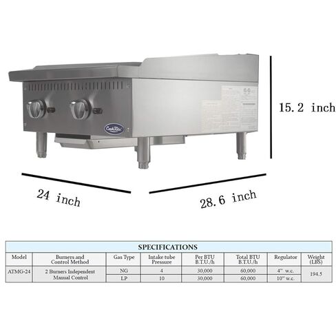 Atosa CookRite ATMG-24 24 "شواية كونترتوب | طبق مسطح للشواية الساخنة مع الطيارين الاحتياطيين ودرج الشحوم لشاحنة الطعام | التحكم اليدوي، الفولاذ المقاوم للصدأ، 1 الموقد 60،000 وحدة حرارية بريطانية، البروبان السائل in Kuwait