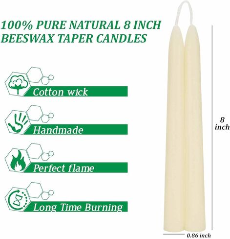 شموع مستدقة من شمع النحل الأخضر مقاس 20.32 سم، 4 عبوات من أعواد شموع مدببة من شمع النحل الطبيعي - بدون دخان، بدون قطرات وغير معطرة - وقت حرق طويل لمدة 8 ساعات لديكور المنزل، وحفلات الزفاف، والحفلات in Kuwait