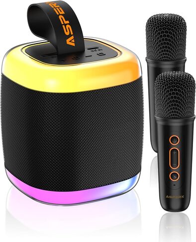 Mini Karaoke Speaker with 2 Wireless Microphones,Voice Effects,Led Lights, Portable Singing Machine for Ages 3,4,5,6,7,8,9,10,11,12+ Years Old Girl Birthday Gift, Kids Karaoke Machine (Black) in Saudi Arabia