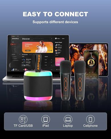 Mini Karaoke Speaker with 2 Wireless Microphones,Voice Effects,Led Lights, Portable Singing Machine for Ages 3,4,5,6,7,8,9,10,11,12+ Years Old Girl Birthday Gift, Kids Karaoke Machine (Black) in Saudi Arabia