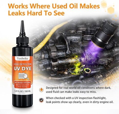 Oil-Based UV Leak Detection Dye 150 ml, for Dirty Engine Oil, Precision Nozzle, Works with Engine Oil, ATF, Fuel & Hydraulic Systems, Low Odor, Tamper-Evident Foil Seal in Kuwait