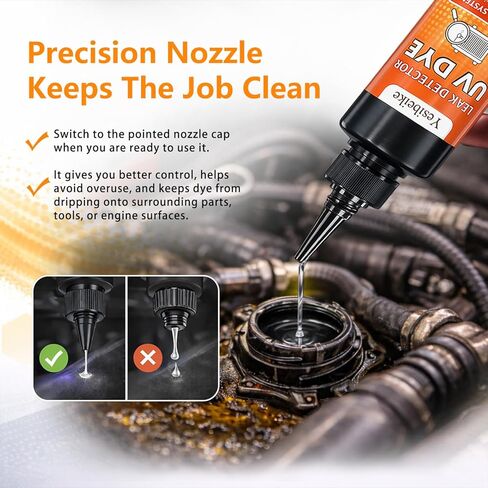 Oil-Based UV Leak Detection Dye 150 ml, for Dirty Engine Oil, Precision Nozzle, Works with Engine Oil, ATF, Fuel & Hydraulic Systems, Low Odor, Tamper-Evident Foil Seal in Kuwait
