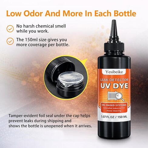 Oil-Based UV Leak Detection Dye 150 ml, for Dirty Engine Oil, Precision Nozzle, Works with Engine Oil, ATF, Fuel & Hydraulic Systems, Low Odor, Tamper-Evident Foil Seal in Kuwait