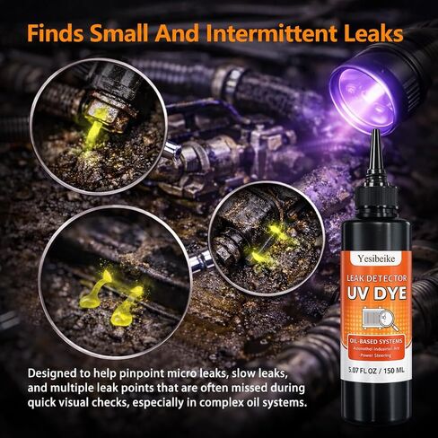 Oil-Based UV Leak Detection Dye 150 ml, for Dirty Engine Oil, Precision Nozzle, Works with Engine Oil, ATF, Fuel & Hydraulic Systems, Low Odor, Tamper-Evident Foil Seal in Kuwait