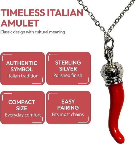 Italian Red Horn Necklace - Silver Cornicello Good Luck Pendant with Sterling Silver Chain in Kuwait