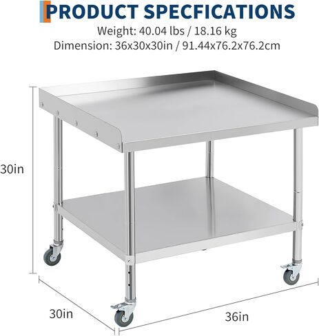 36-inch Heavy-Duty Stainless Steel Table on Wheels with Removable backsplash. A Versatile NSF Commercial-Grade cart for Kitchen, Garage, or Outdoor use. in Kuwait