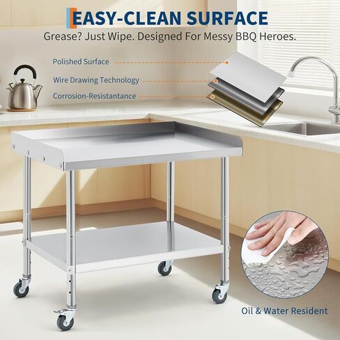 36-inch Heavy-Duty Stainless Steel Table on Wheels with Removable backsplash. A Versatile NSF Commercial-Grade cart for Kitchen, Garage, or Outdoor use. in Kuwait
