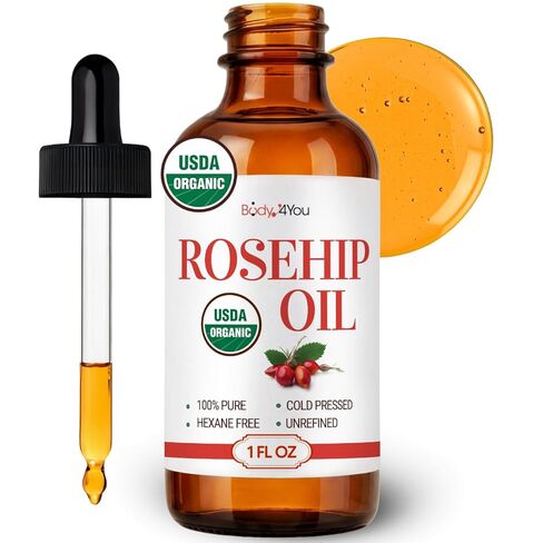 BodyJ4You Rosehip Oil for Face - 100% Pure Natural USDA Organic Cold Pressed - Hydrating Skin Hair Nails Anti-Aging Wrinkle Scar Treatment Gua Sha - Non-GMO Undiluted Carrier - Glass Bottle 1 Fl Oz in Saudi Arabia