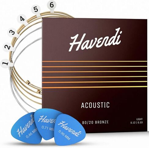 HAVENDI® أوتار الجيتار I أوتار الجيتار الصوتية 80/20 طلاء برونزي I جودة صوت رائعة تتضمن 3 اختيارات (Light 12-53، مجموعة واحدة) in Kuwait