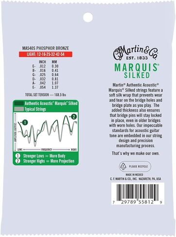 أوتار جيتار Martin Authentic Acoustic® Marquis® الحريرية - برونز الفوسفور، مقياس الضوء | نغمة دافئة ومتوازنة مع حماية الجسر | نهايات الكرة ملفوفة بالحرير in Saudi Arabia