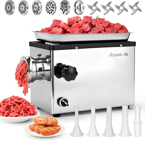 Anatole Commercial Electric Meat Grinder 1.8 HP 1300 W Heavy Duty Meat Bones Mincer Stainless Steel Sausage Stuffer with 6 Grinding Plate 4 Blades for Restaurant Hotel 110V in Kuwait