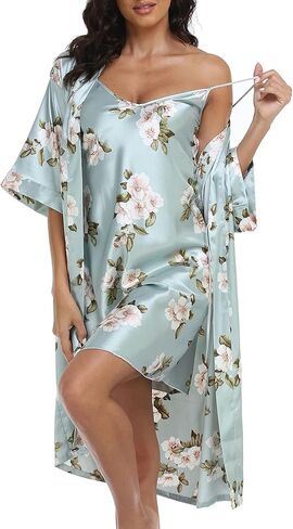 Women's Satin Robes 2 Piece Pajama Set Sexy Lingerie Robe Soft Sleepwear Silky Kimono Nightgown with Camisole in Kuwait