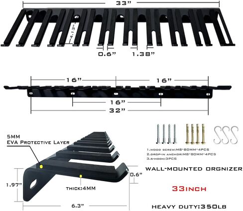 33" Wall Mount Barbell Storage & Tool Rack, 10L8S Slots Heavy Duty Organizer, 350LBS Load 4MM Steel 5MM EVA for Garage Home Gym. in Saudi Arabia