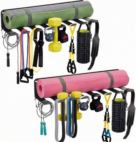 BreezeHug 2 Pcs Gym Wall Mount Storage Rack 8 Hook Heavy Duty Metal Home Gym Organizer for Resistance Band Jump Rope Barbell Accessories Multipurpose Fitness Equipment Storage, Carabiners Include in Kuwait